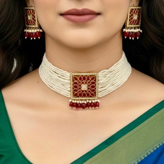 Gulnaar Kundan Pearl Choker Set – Ruby Red Editi