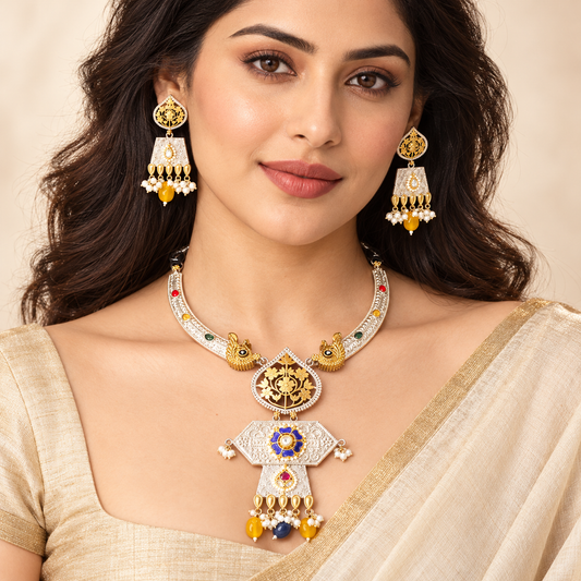 Rajwadi Dual-Tone Pachi Kundan Necklace Set