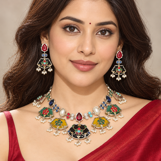 Model wearing Navraee Khanak multicolour enamel necklace set with matching earrings