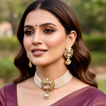 CELEBRITY INSPIRED POLKI CHOKER SET IN DOUBLET STONE