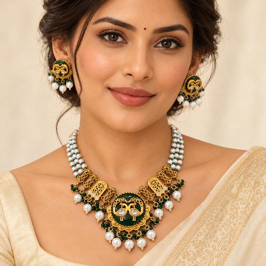 Royal Peacock Choker Set – Emerald Green Enamel With Pearl Dro