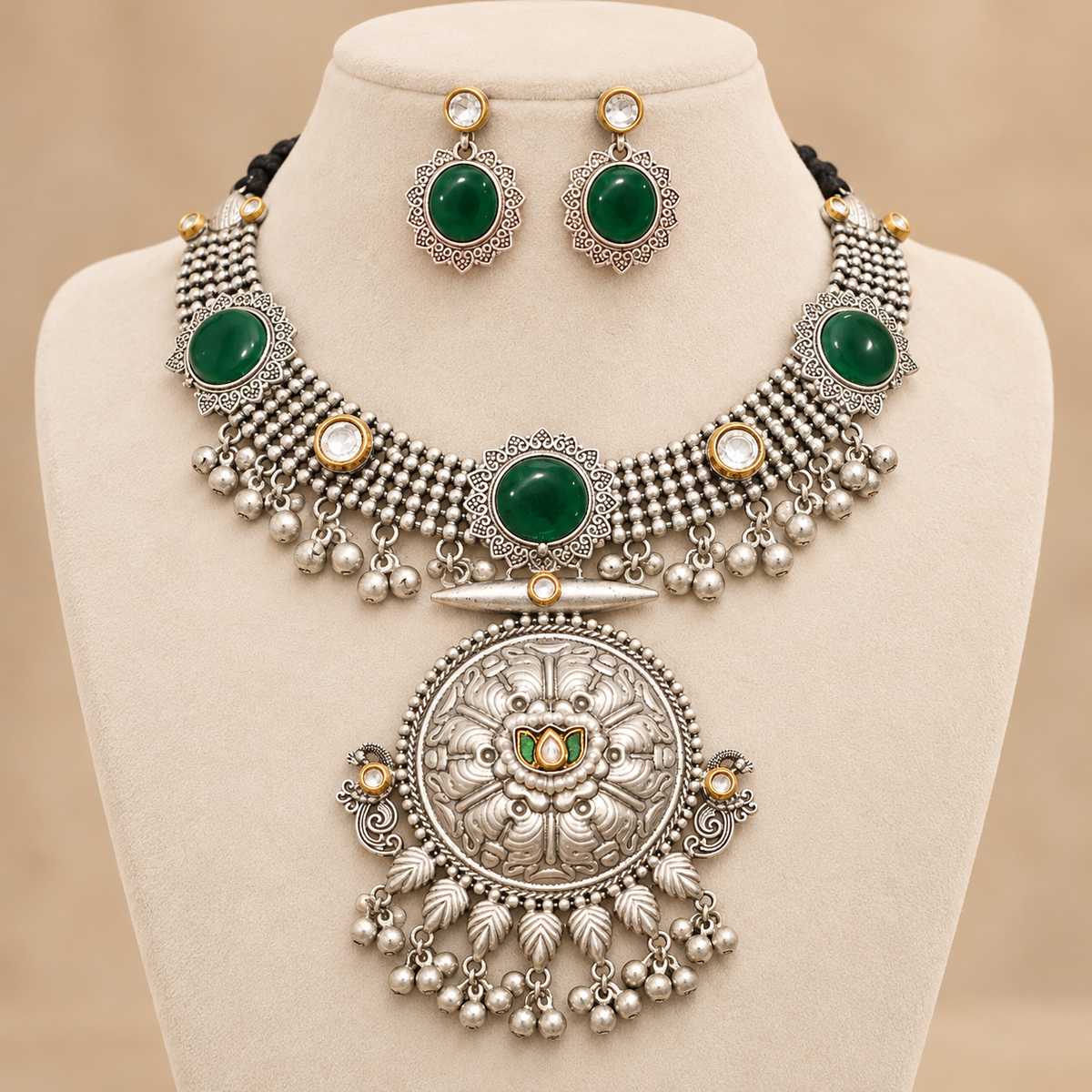 Green Oxidised Silver Hasli Necklace Set With Earrings – Tribal Statement Jewellery