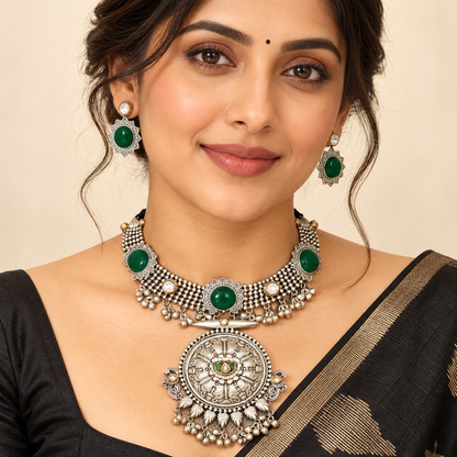 Green Oxidised Silver Hasli Necklace Set With Earrings – Tribal Statement Jewellery