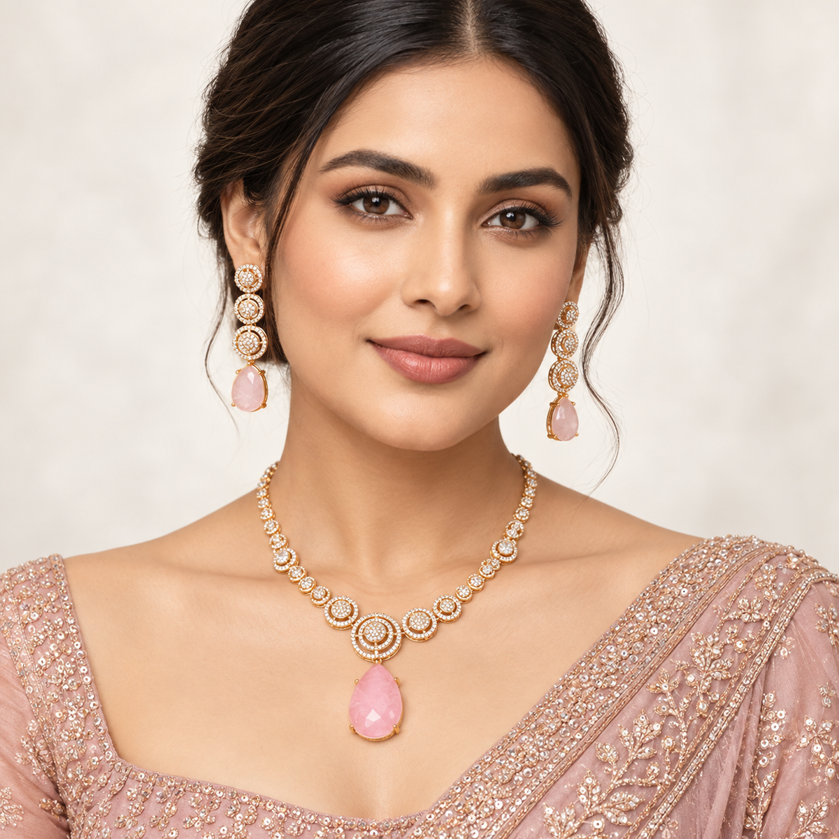 Pink Stone & Ad Necklace Set Online | Gold Plated Party Wear Jewelry