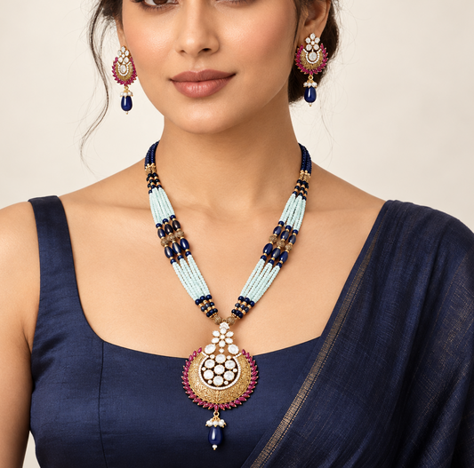 Designer Beaded Pendant Necklace With Matching Earrings