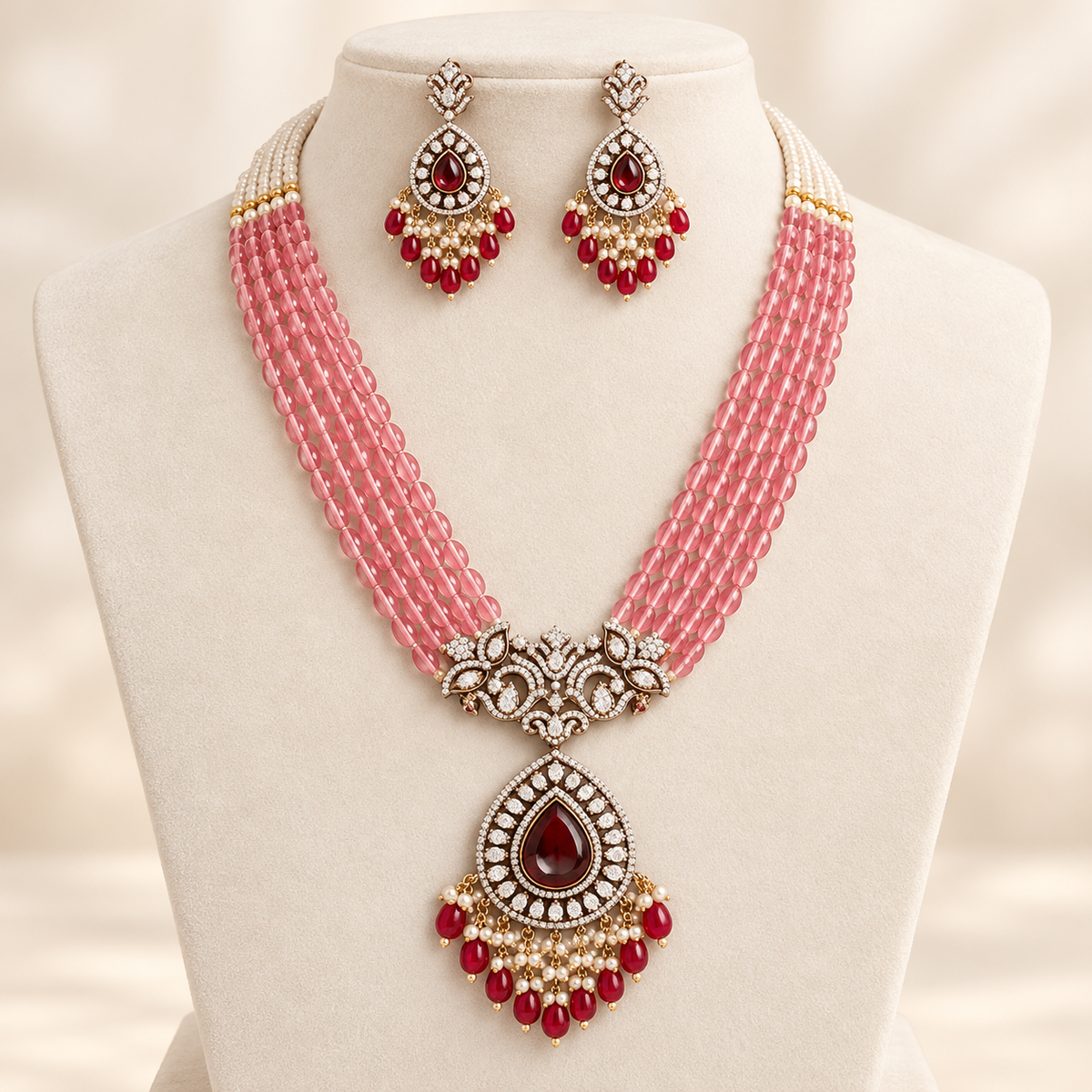 Pink Beaded, Moissanite & American Diamond Necklace Set