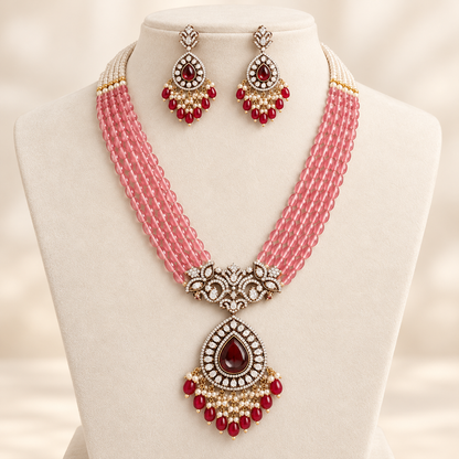 Pink Beaded, Moissanite & American Diamond Necklace Set