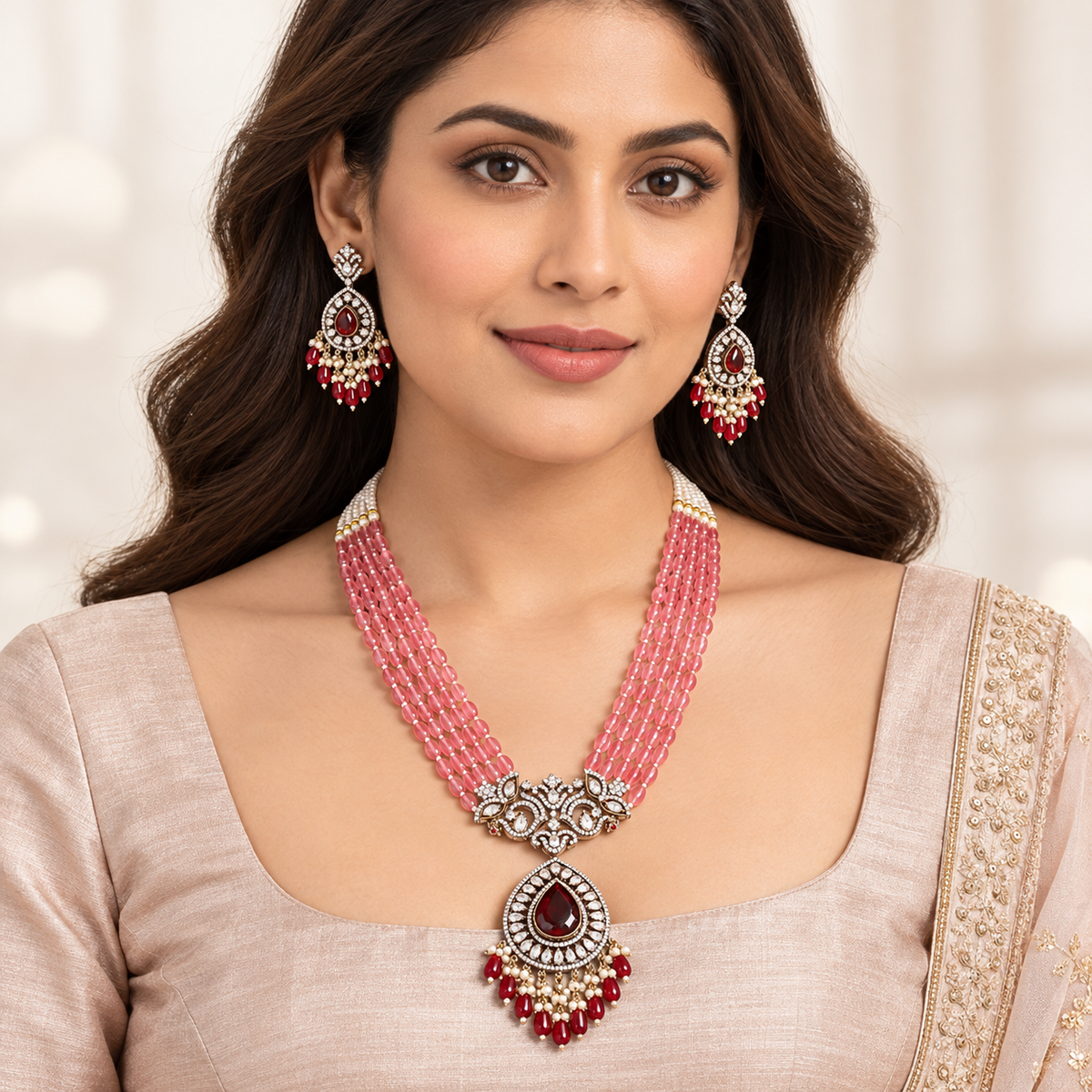 Pink Beaded, Moissanite & American Diamond Necklace Set