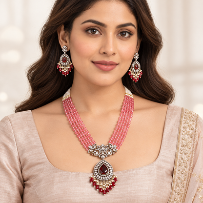 Pink Beaded, Moissanite & American Diamond Necklace Set