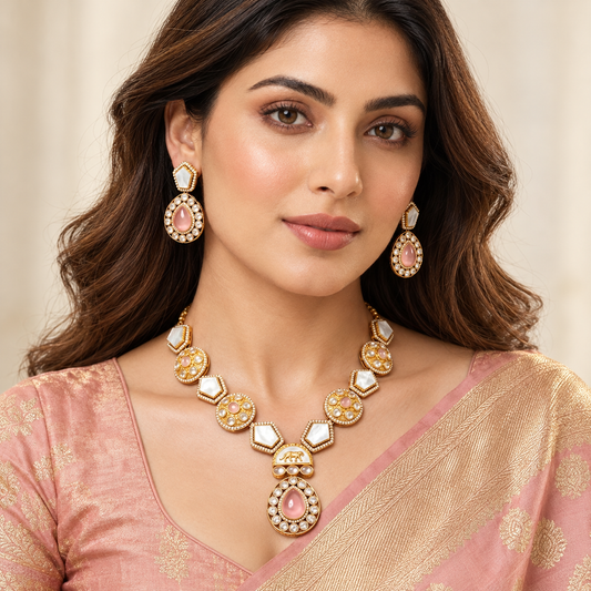 Model wearing Navraee pink doublet stone and mother-of-pearl necklace set with matching earrings