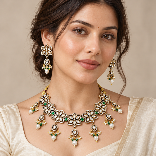Model wearing Navraee Kundan and Emerald Green Floral Necklace Set with matching drop earrings