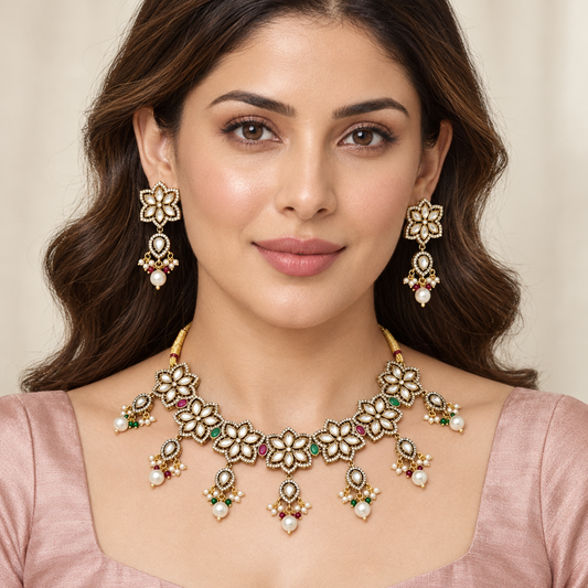 Model wearing Navraee Aarohi Antique Floral Polki Necklace Set with matching pearl-drop earrings