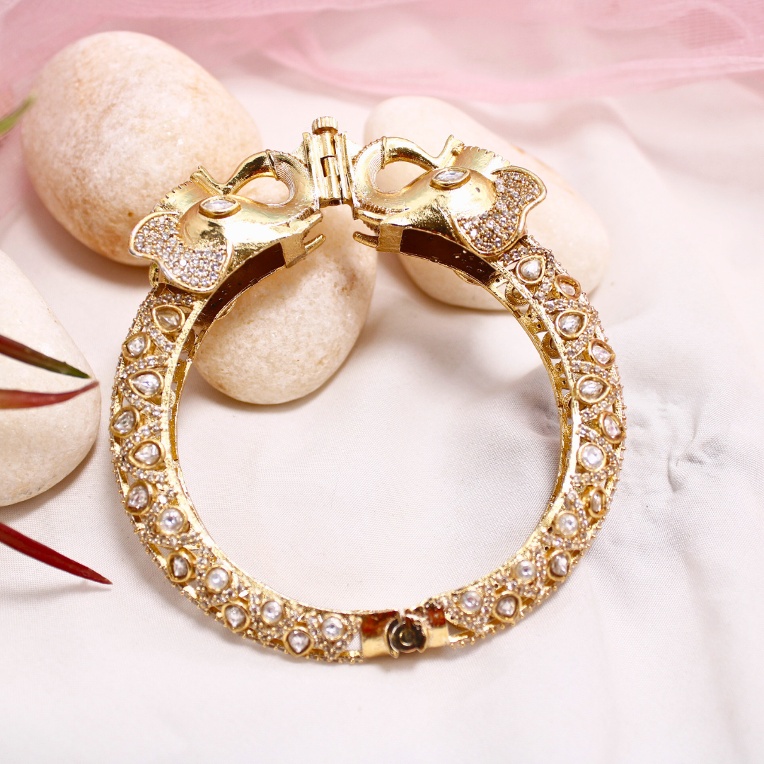 Rajwadi Transparent Stone Elephant Kada – Antique Gold Finish Statement Kada