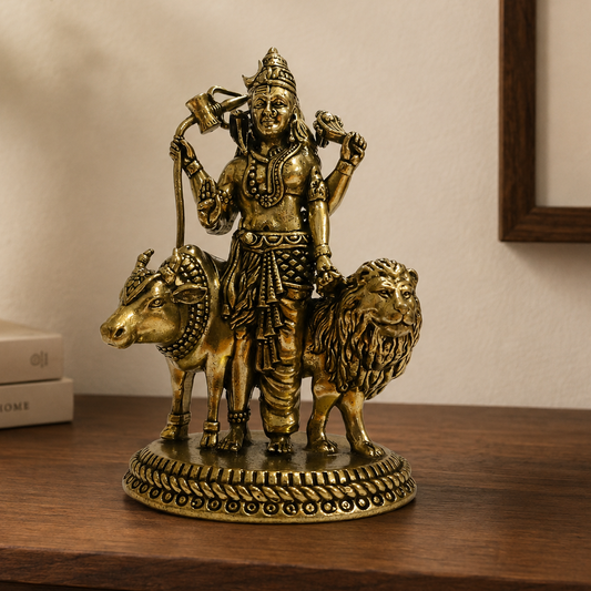 Antique Brass Ardhanarishvara Idol with Nandi & Lion – 4 Inch