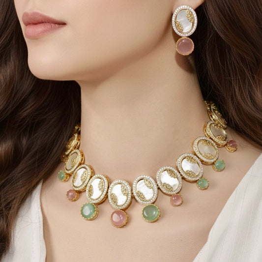 GULMOHAR-MOTHER OF PEARL STONE NECKLACE SET-MAUVE & MINT