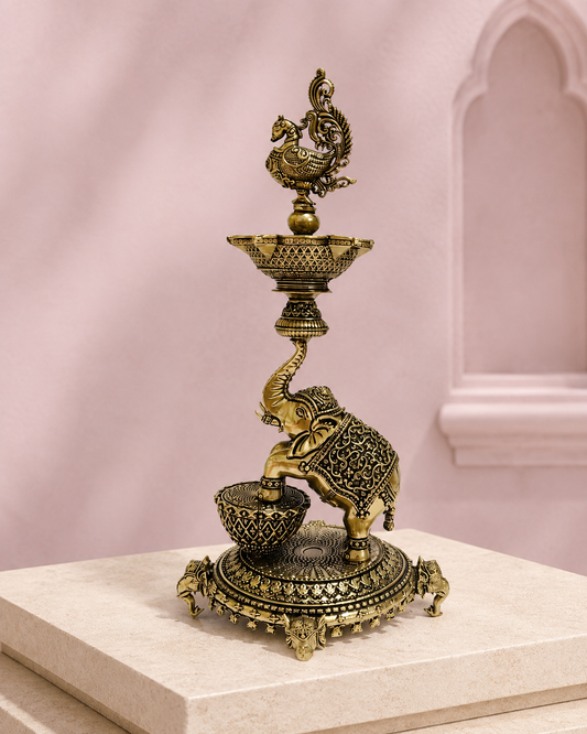 Elephant Brass Lamp With Peacock Finial