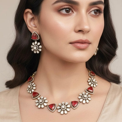 Floral Antique Necklace with Red Stones