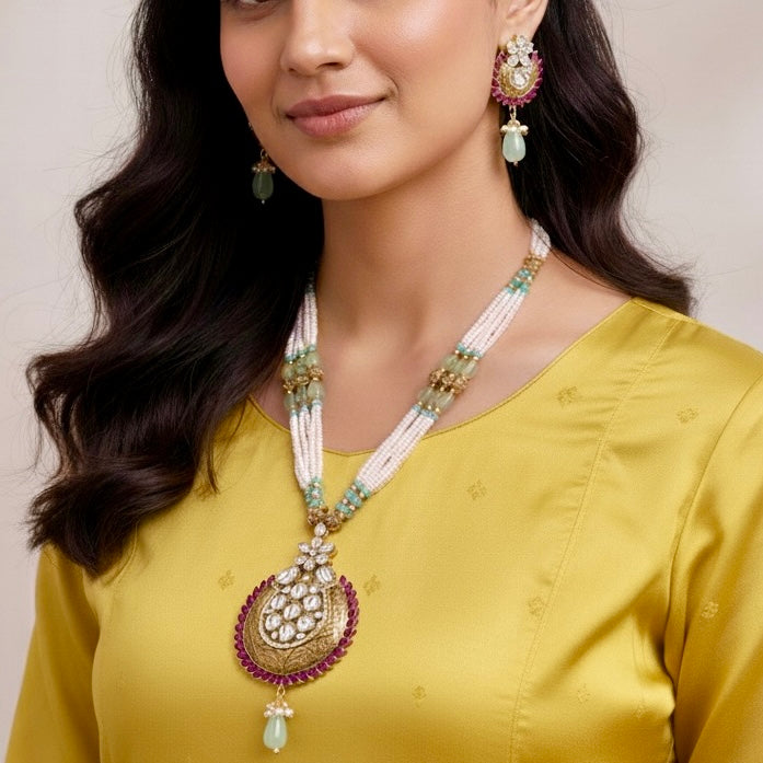 Pink & Aqua Beaded Pendant Necklace