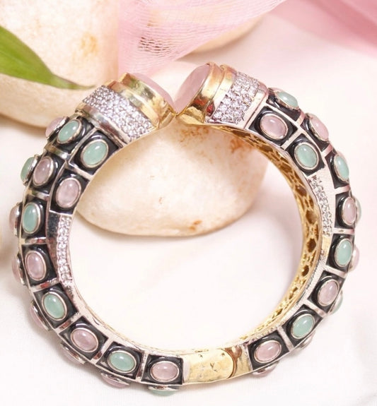 Rajwadi Stone & Meenakari Kada Pink & Mint – Gold Plated