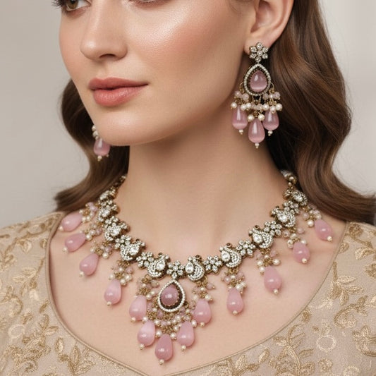 Pink Beaded Antique Necklace Set