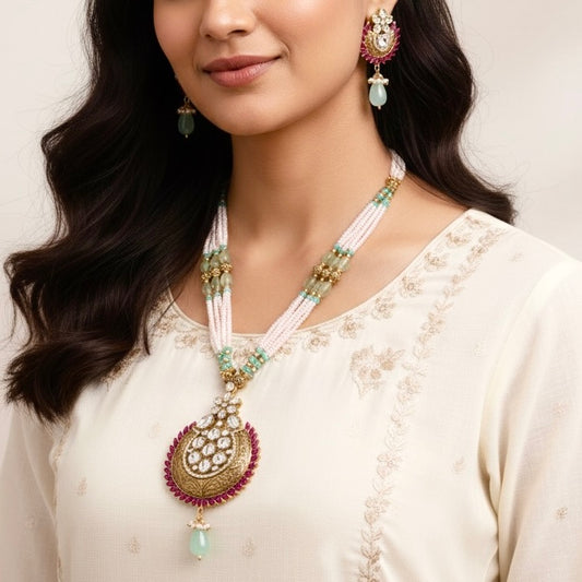 Pink & Aqua Beaded Pendant Necklace