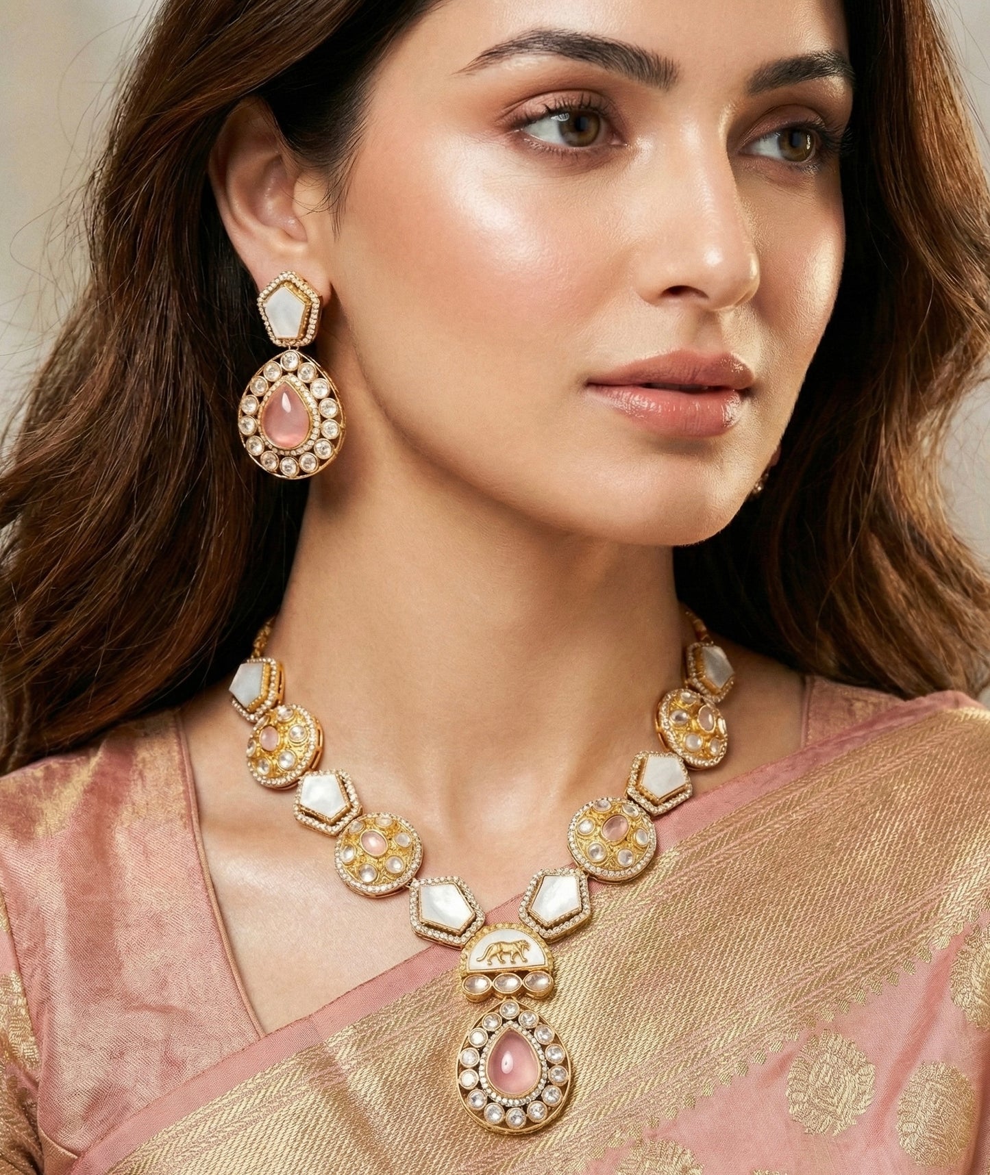 Celebrity-Inspired Pink Doublet Stone Necklace Set with Mother of Pearl detailing