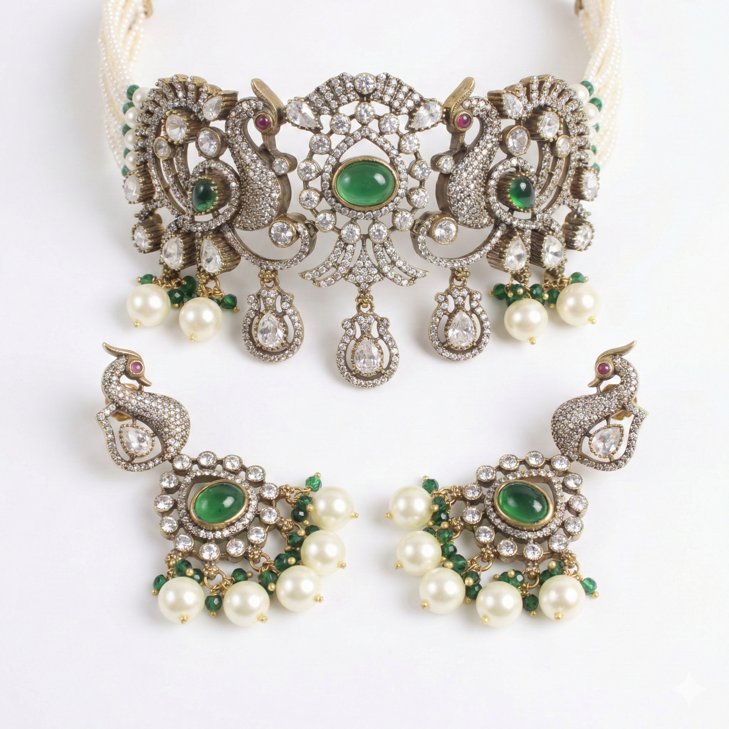 Rajwadi Peacock Emerald & Pearl Choker Necklace Set