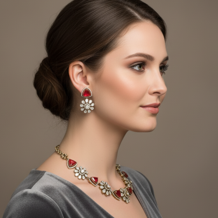 Floral Antique Necklace with Red Stones