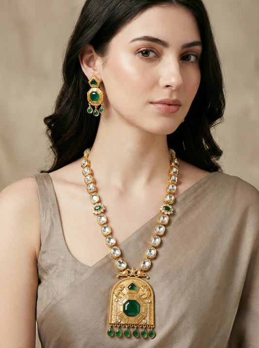 Rajwadi Emerald Green & Polki Temple Necklace Set