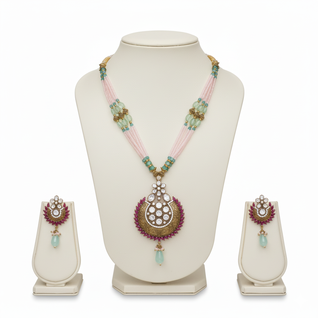 Pink & Aqua Beaded Pendant Necklace
