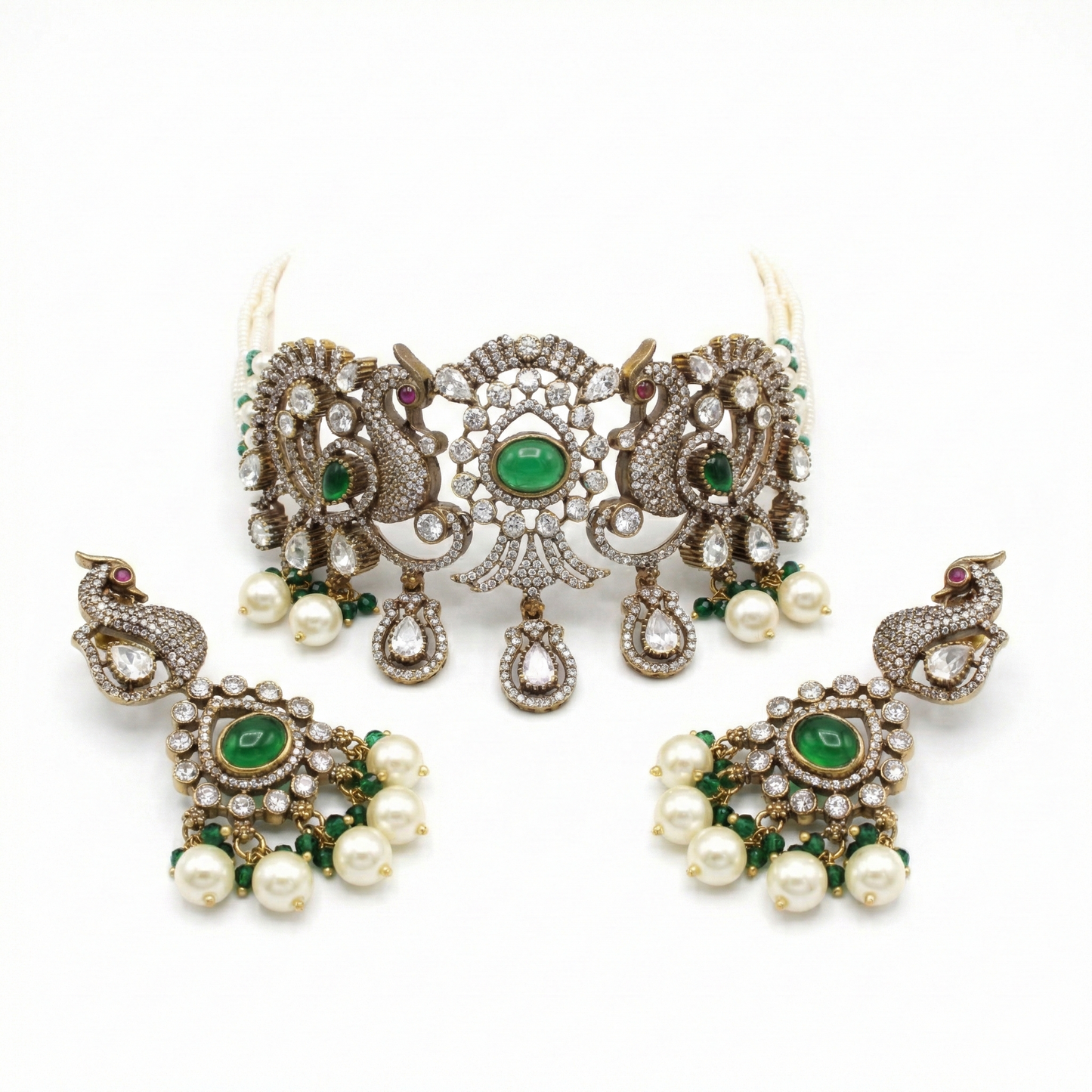 Rajwadi Peacock Emerald & Pearl Choker Necklace Set