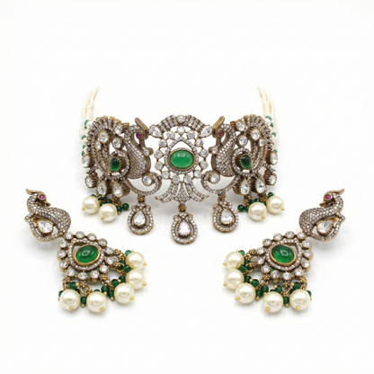 Rajwadi Peacock Emerald & Pearl Choker Necklace Set