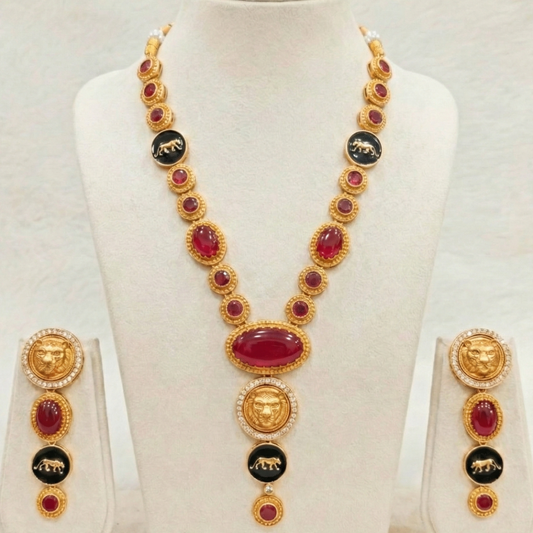Royal Panther Ruby Red Long Necklace Set – Handcrafted Gold-Plated Heritage Jewellery