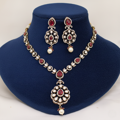 Ruby Red & Pearl Antique Necklace Set