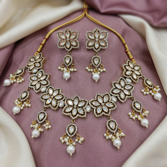 Anya Antique Floral Polki Necklace Set with Pearls