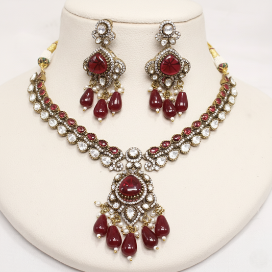 Antique Ruby Red Pearl Necklace Set