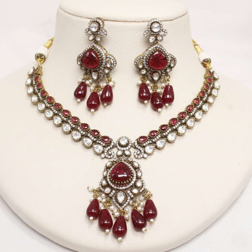 Antique Ruby Red Pearl Necklace Set