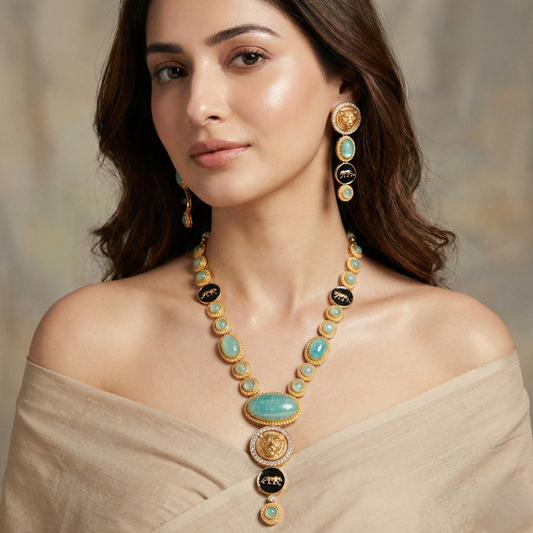 Royal Panther Mint Green Long Necklace Set – Handcrafted Gold-Plated Heritage Jewellery