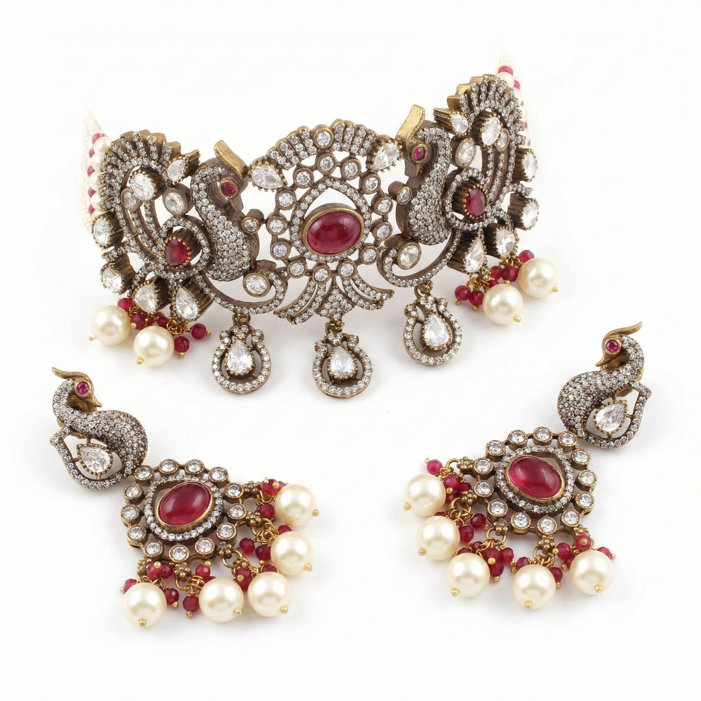 Mayura Antique Peacock Polki and Pearl Choker Set