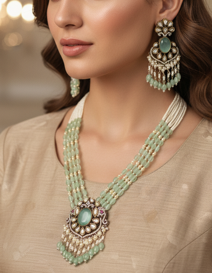 Mint Green Moissanite & American Diamond Necklace Set