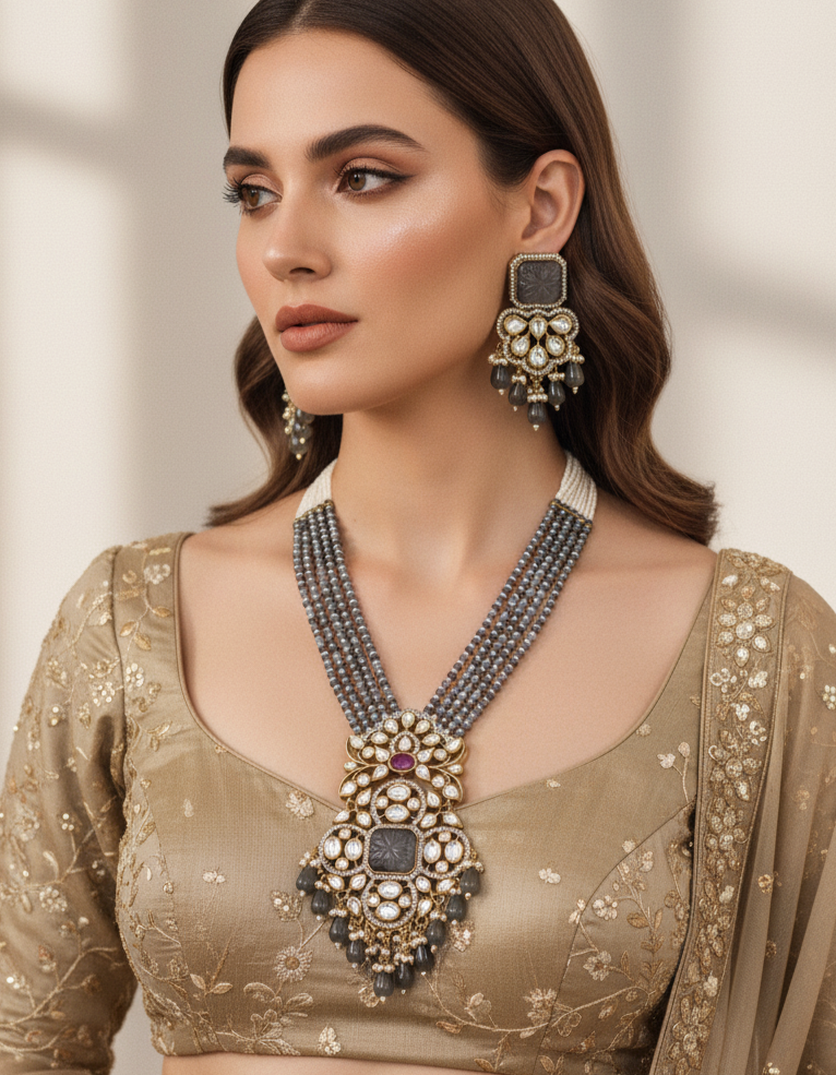 Black Moissanite & American Diamond Necklace Set