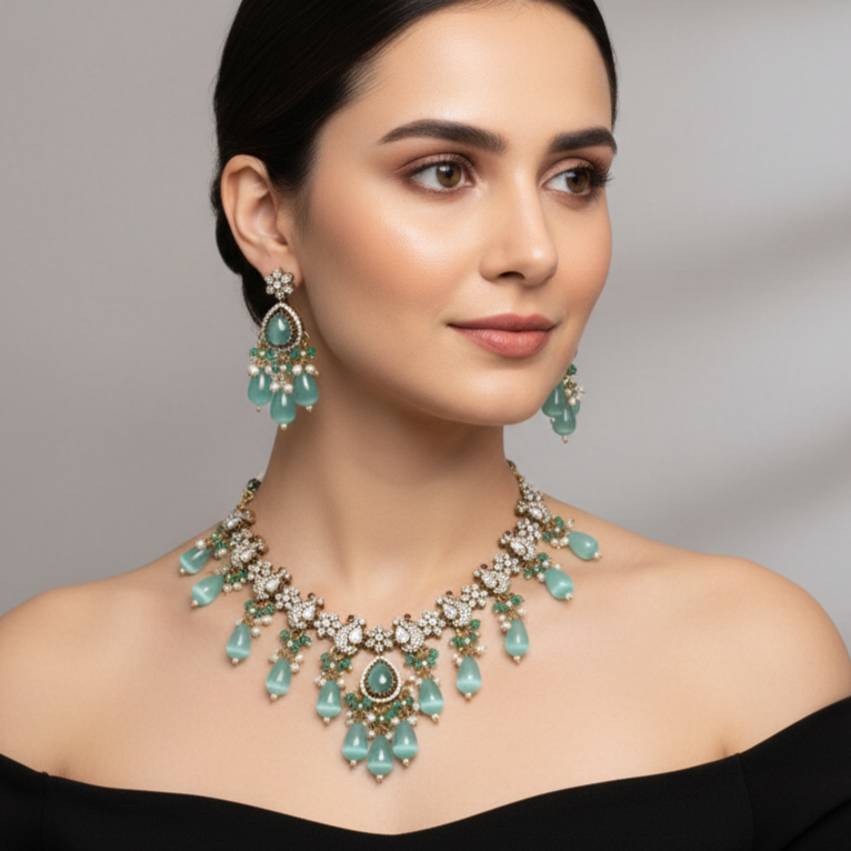 Sea Green Beaded Antique Necklace Set