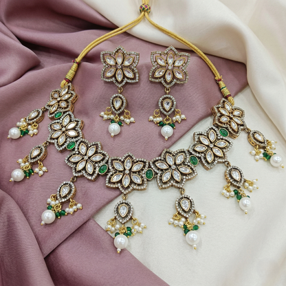Kundan and Emerald Green Floral Necklace Set