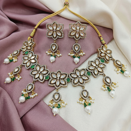 Kundan and Emerald Green Floral Necklace Set