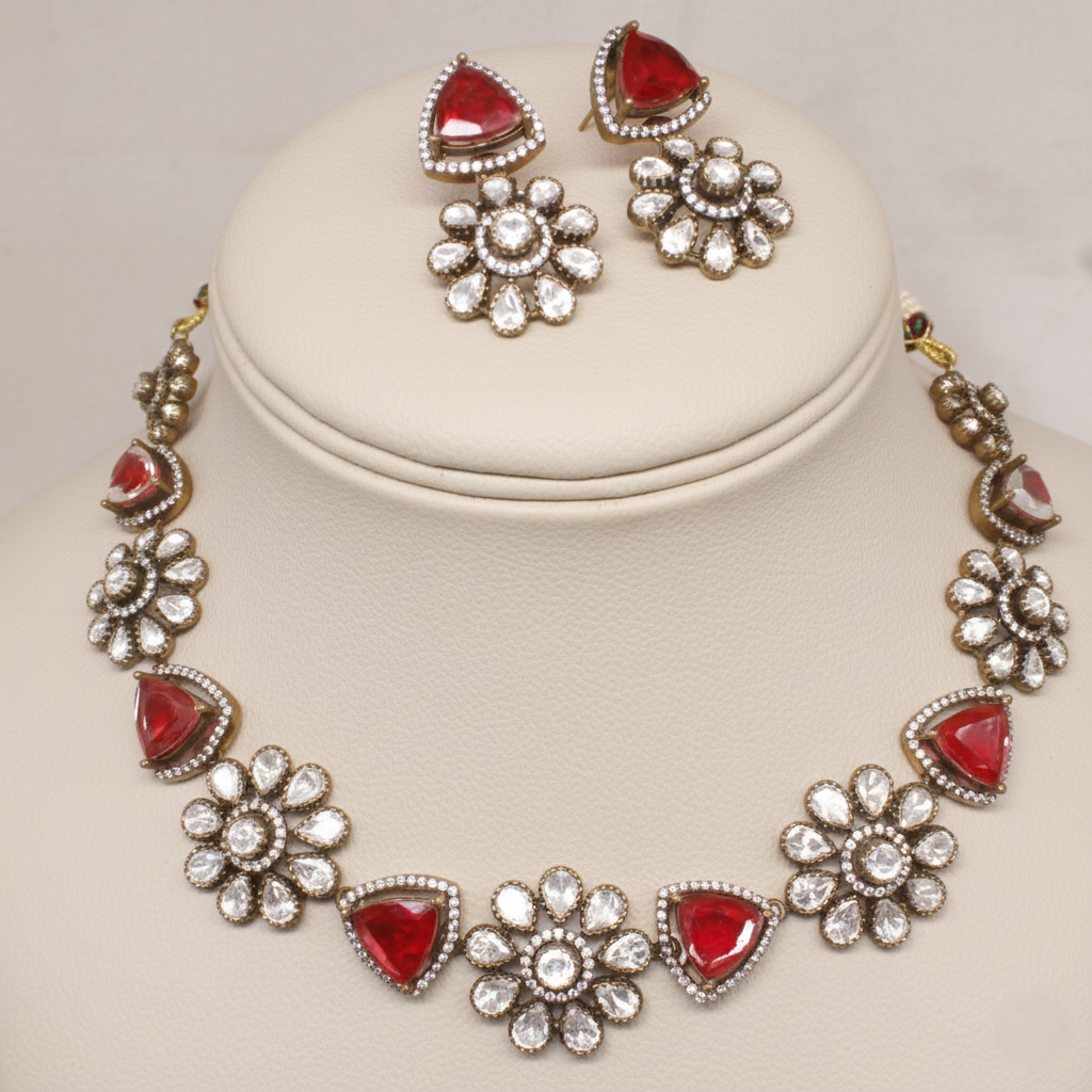 Floral Antique Necklace with Red Stones