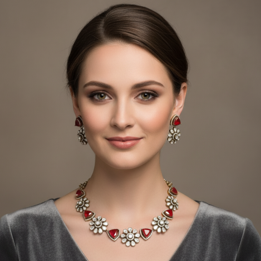 Floral Antique Necklace with Red Stones