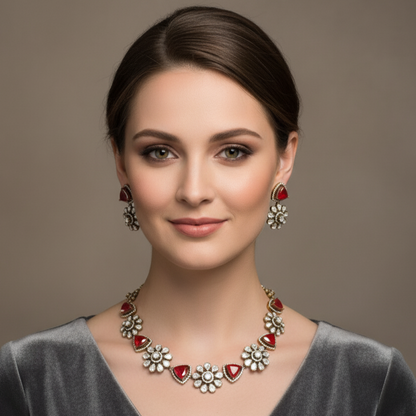 Floral Antique Necklace with Red Stones