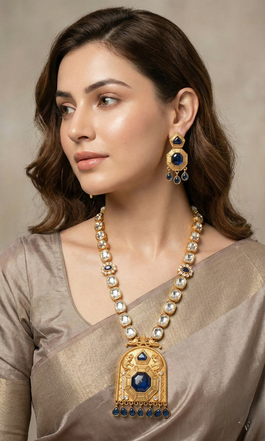 Rajwadi Polki and Blue Stone Temple Necklace Set