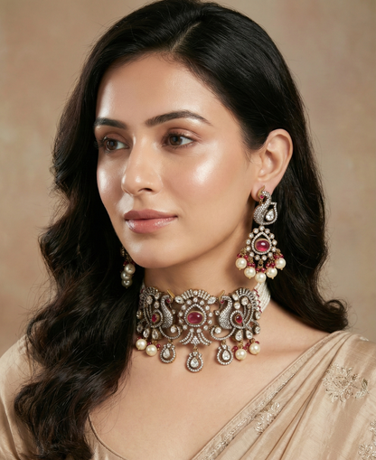 Mayura Antique Peacock Polki and Pearl Choker Set