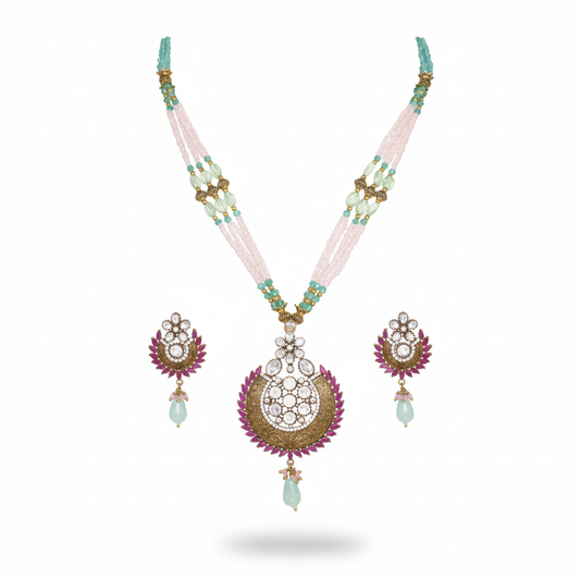 Pink & Aqua Beaded Pendant Necklace
